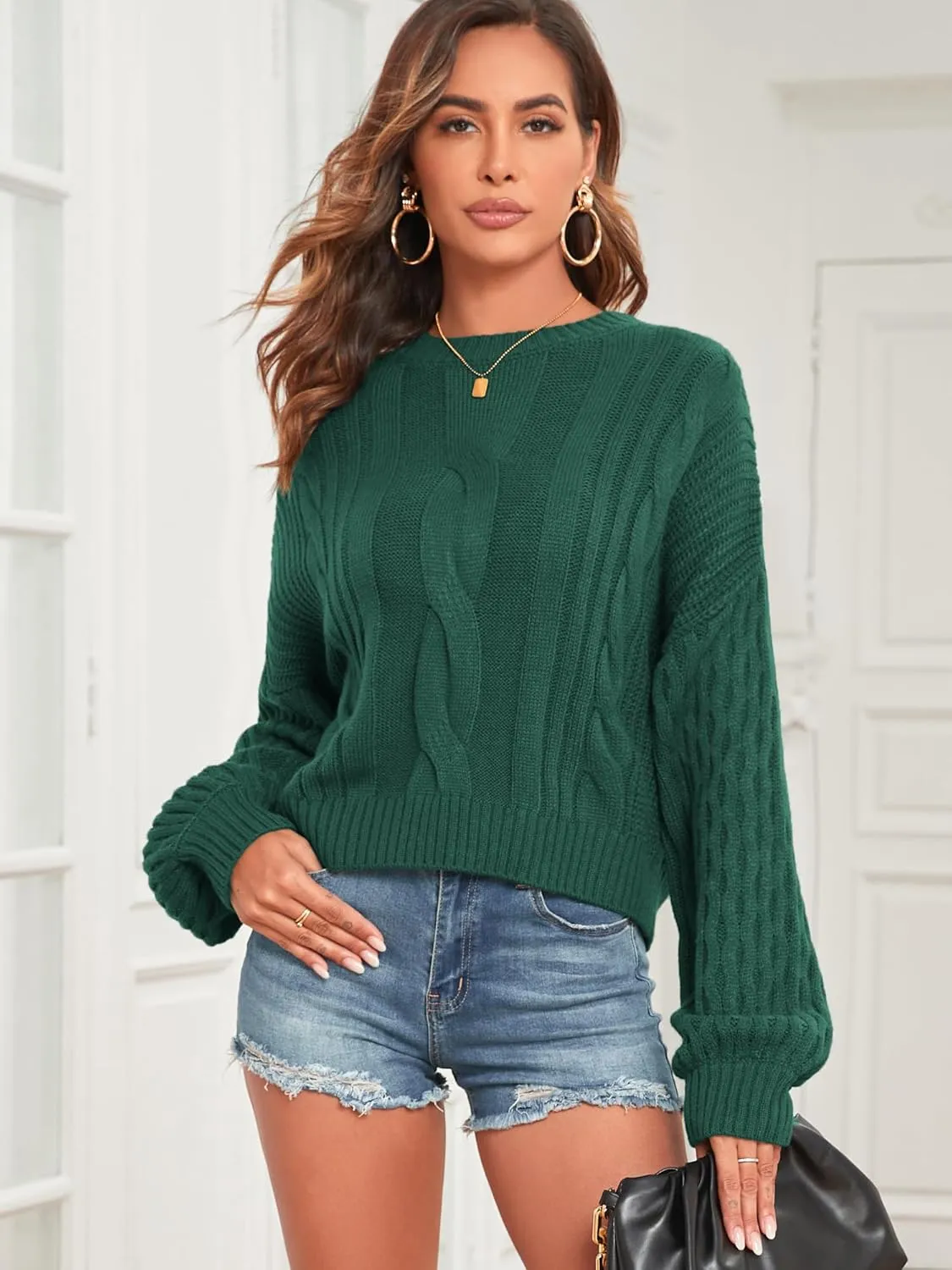 ZAFUL Women's Solid Knit Cable Sweater Casual Long Lantern Sleeve Pullover Crew Neck Knitted Tops