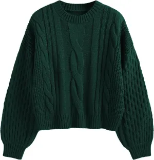 ZAFUL Women's Solid Knit Cable Sweater Casual Long Lantern Sleeve Pullover Crew Neck Knitted Tops