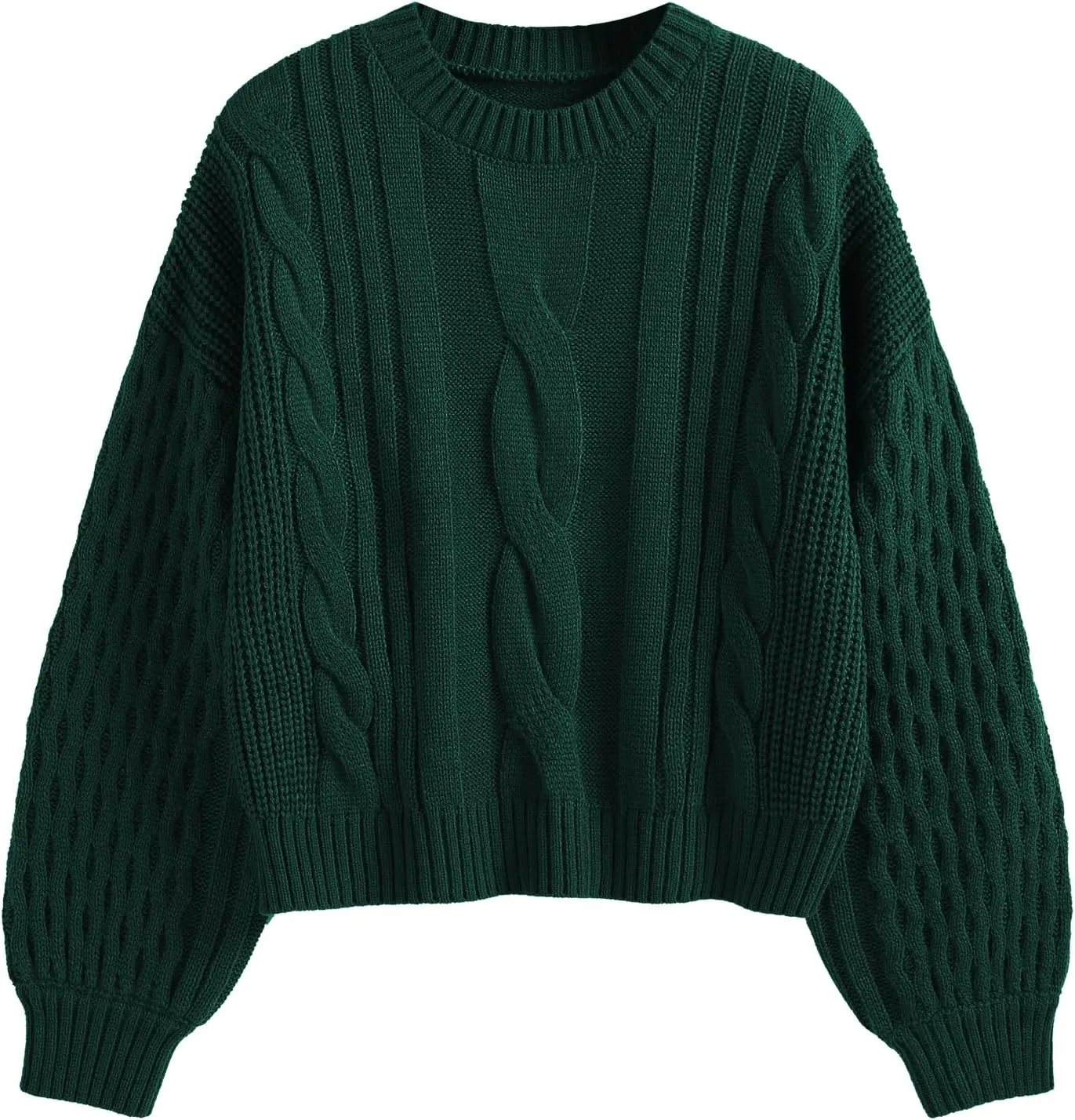 ZAFUL Women's Solid Knit Cable Sweater Casual Long Lantern Sleeve Pullover Crew Neck Knitted Tops