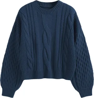 ZAFUL Women's Solid Knit Cable Sweater Casual Long Lantern Sleeve Pullover Crew Neck Knitted Tops
