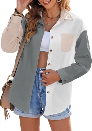 Zeagoo Womens Color Block Button Down Shirts Long Sleeve Linen Shirt Oversized Cotton Blouses Tops with Bust Pocket