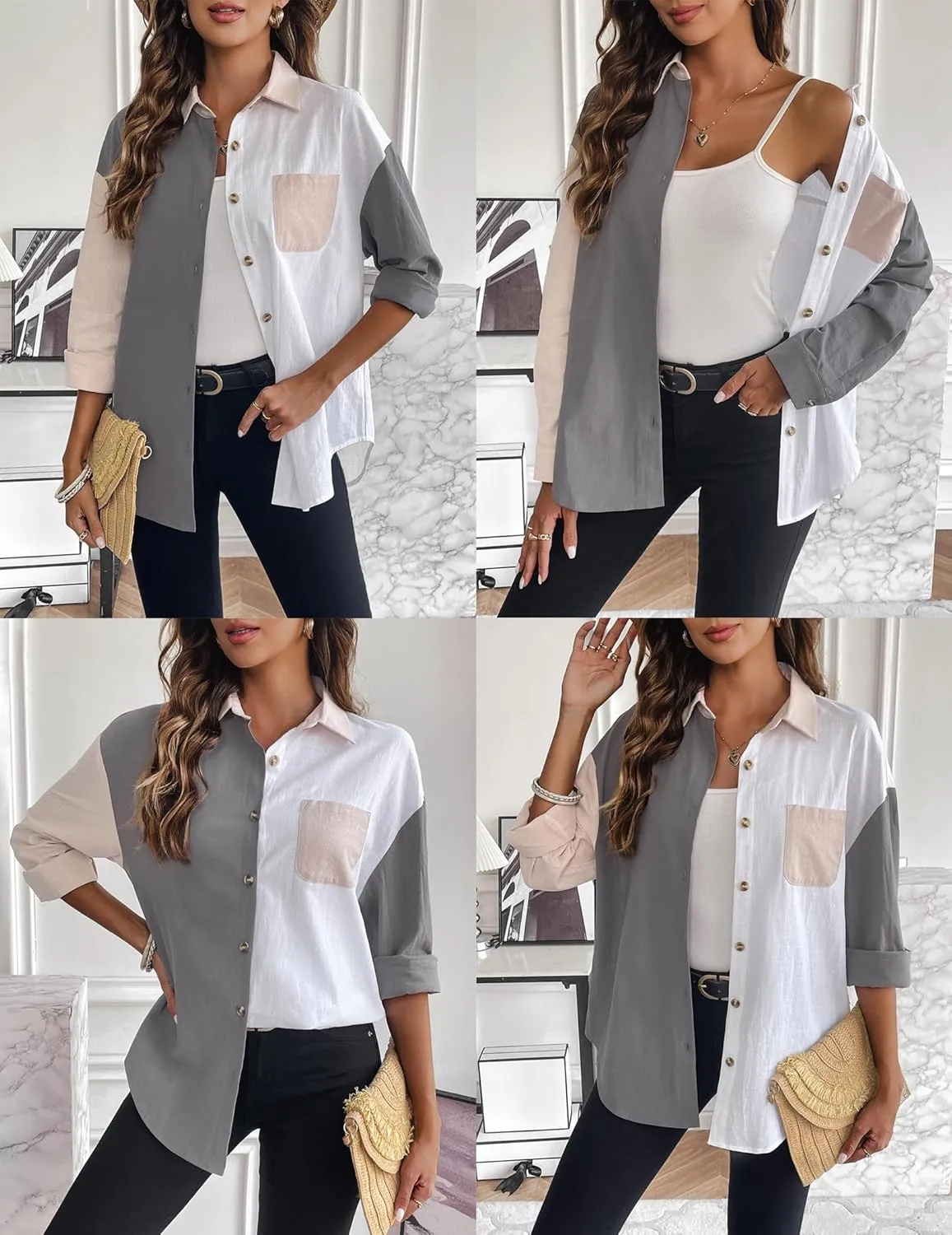 Zeagoo Womens Color Block Button Down Shirts Long Sleeve Linen Shirt Oversized Cotton Blouses Tops with Bust Pocket