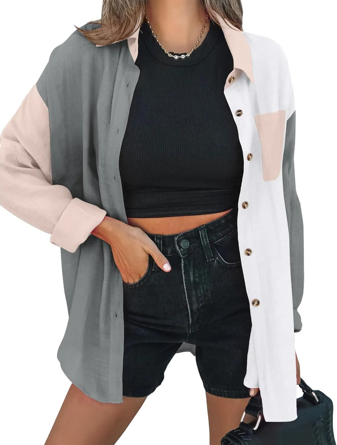 Zeagoo Womens Color Block Button Down Shirts Long Sleeve Linen Shirt Oversized Cotton Blouses Tops with Bust Pocket