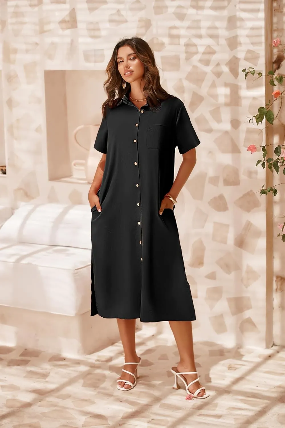Zeagoo Womens Dress Summer Casual Short Sleeve Button Down Shirt Dress Beach Cover Up Dress with Pockets