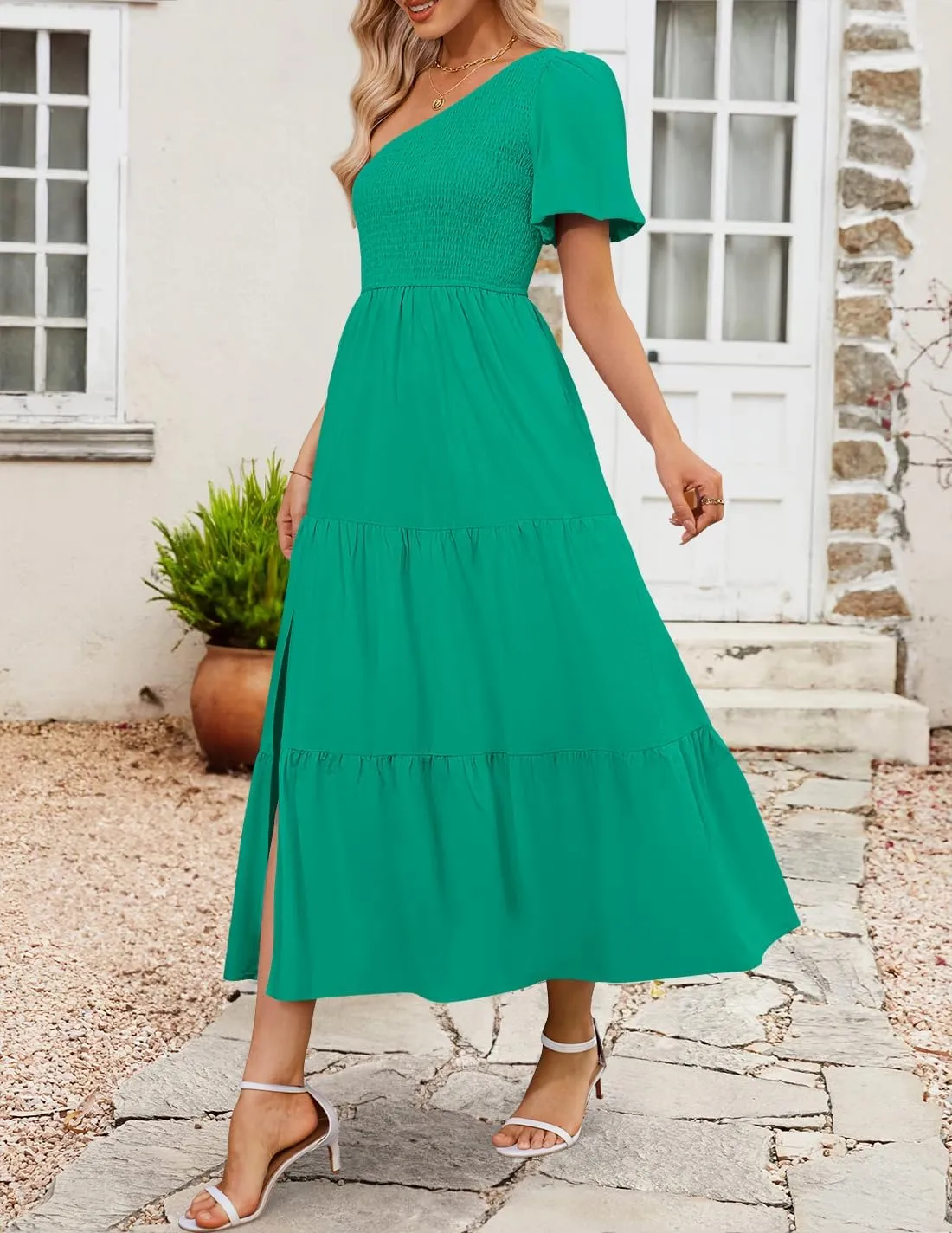 ZESICA Women's Boho Summer One Shoulder Short Sleeve Smocked Side Split Ruffle Swing Midi Dress
