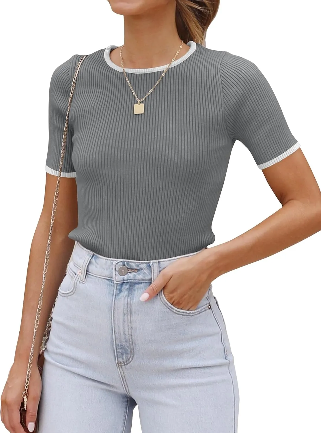 ZESICA Women's Short Sleeve Sweater Tops 2025 Summer Crewneck T Shirt Ribbed Knit Slim Fit Basic Solid Color Tee