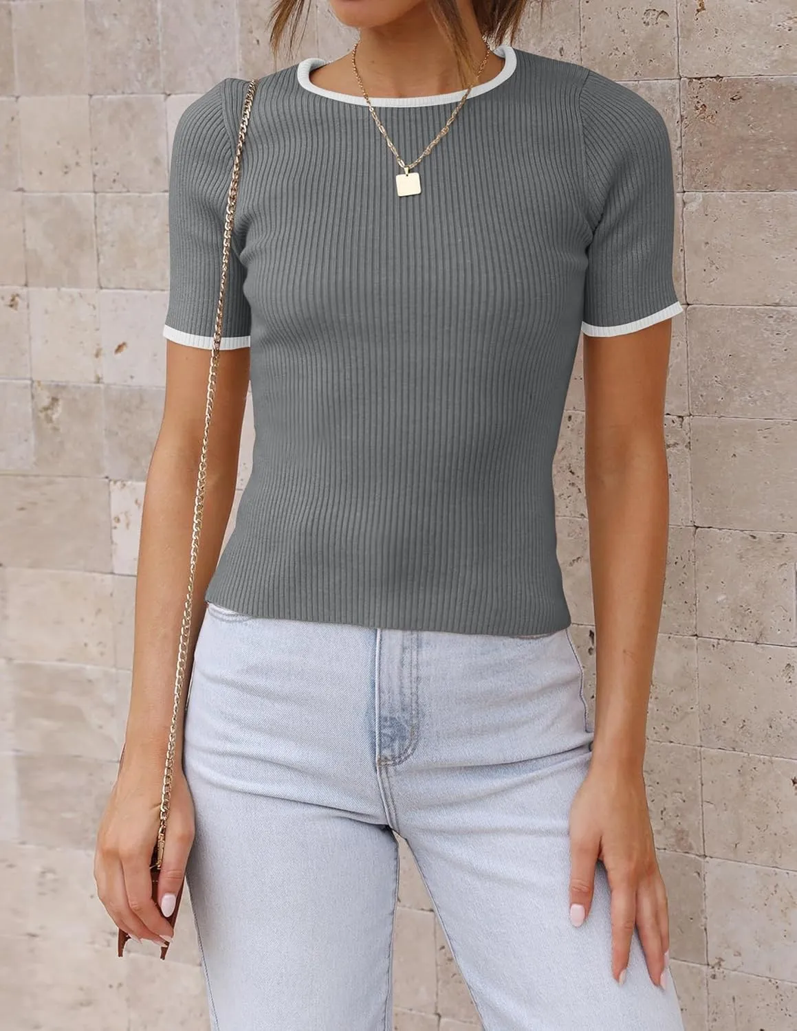 ZESICA Women's Short Sleeve Sweater Tops 2025 Summer Crewneck T Shirt Ribbed Knit Slim Fit Basic Solid Color Tee