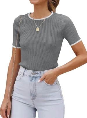 ZESICA Women's Short Sleeve Sweater Tops 2025 Summer Crewneck T Shirt Ribbed Knit Slim Fit Basic Solid Color Tee