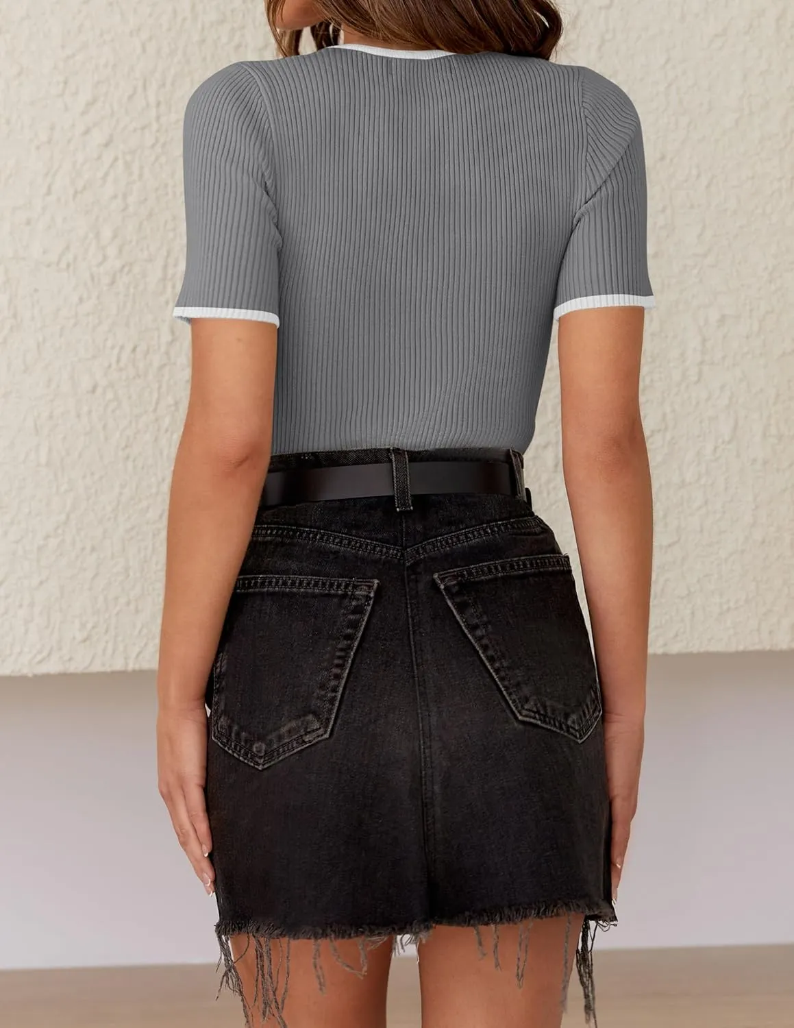 ZESICA Women's Short Sleeve Sweater Tops 2025 Summer Crewneck T Shirt Ribbed Knit Slim Fit Basic Solid Color Tee