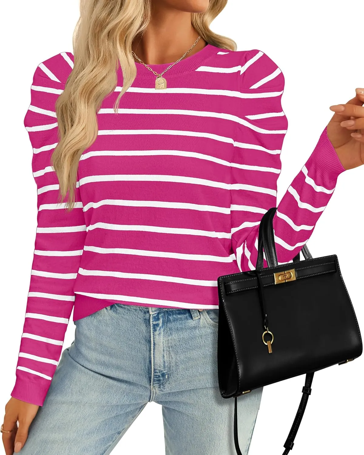 ZESICA Women's Striped Puff Long Sleeve Tops Fall Crewneck Ribbed Knit Casual Pullover Sweaters