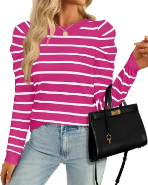ZESICA Women's Striped Puff Long Sleeve Tops Fall Crewneck Ribbed Knit Casual Pullover Sweaters