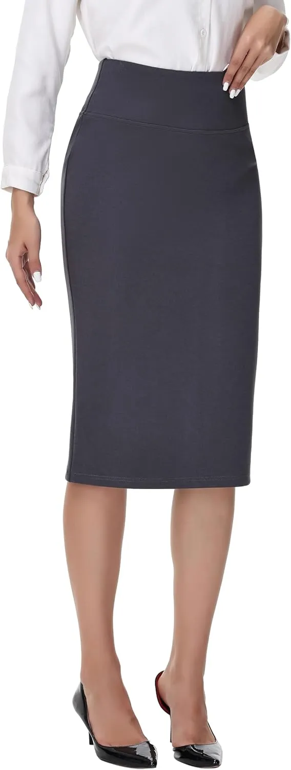 ZTN Skirts for Women Stretch High Waist Pencil Skirt Bodycon Business Skirt with Back Slit Below Knee