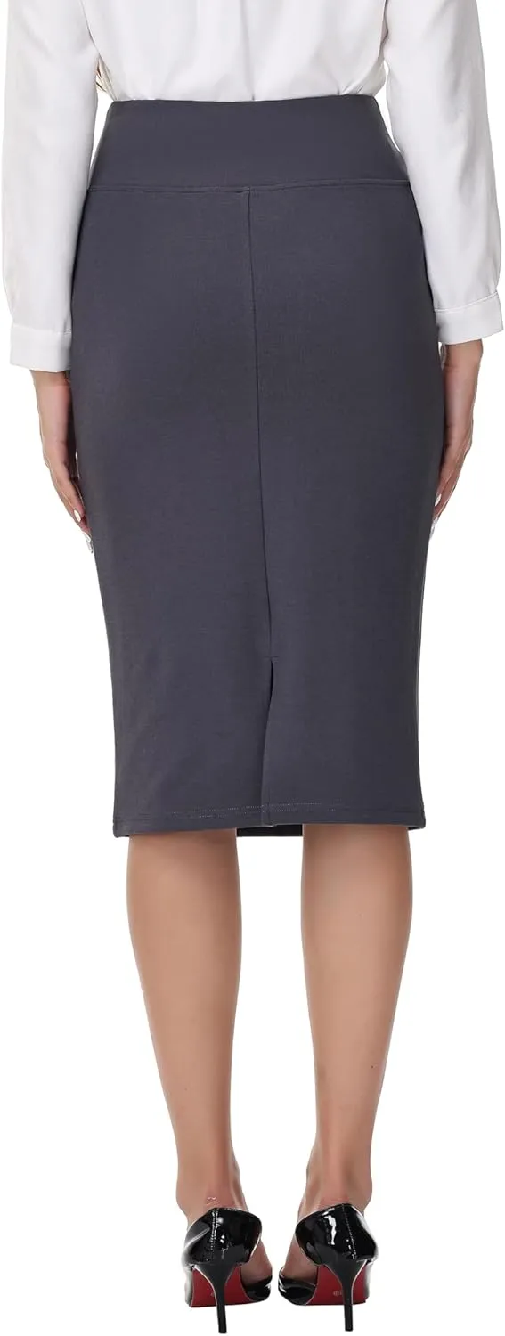 ZTN Skirts for Women Stretch High Waist Pencil Skirt Bodycon Business Skirt with Back Slit Below Knee