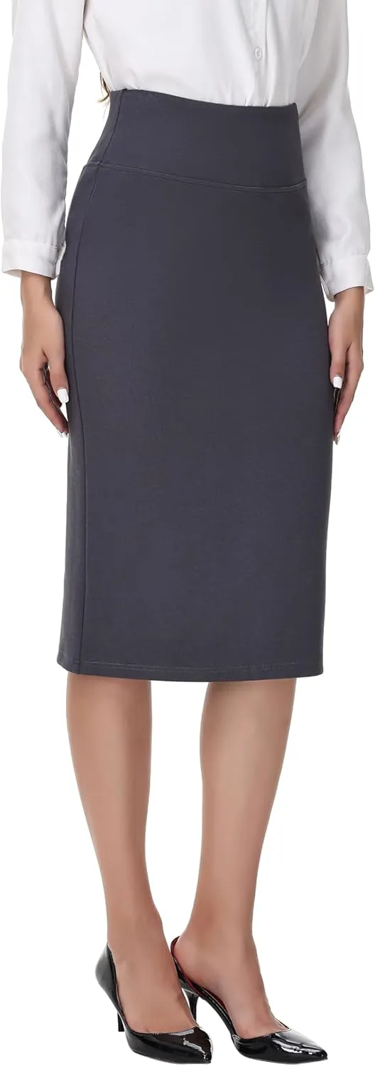 ZTN Skirts for Women Stretch High Waist Pencil Skirt Bodycon Business Skirt with Back Slit Below Knee