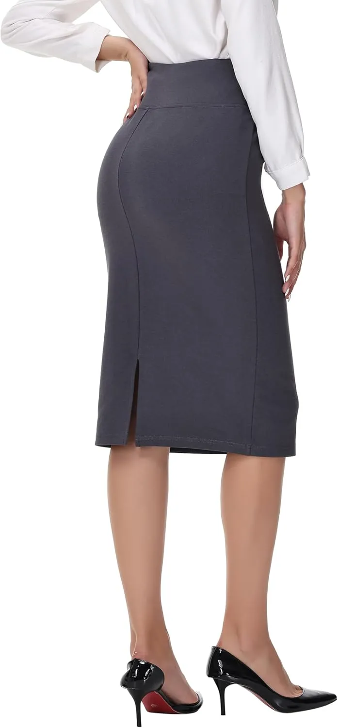 ZTN Skirts for Women Stretch High Waist Pencil Skirt Bodycon Business Skirt with Back Slit Below Knee